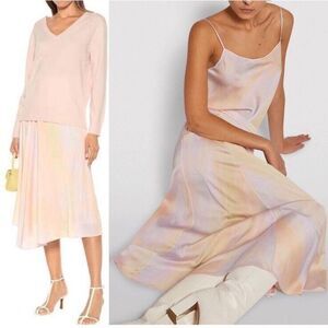 Vince Asymmetric Printed Satin Midi Drape Skirt In Multi Color Rainbow Size‎ 16